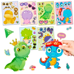 6-pack of colorful DIY dinosaur stickers with various facial features for kids