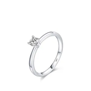 Classic S925 sterling silver six-prong solitaire ring with brilliant round cut zircon