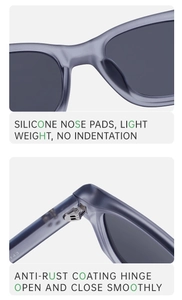 Detail of polarized sunglasses with silicone nose pads and rust-proof metal hinges