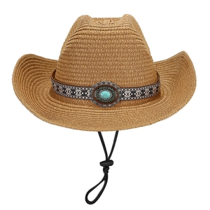 Western straw cowboy hat with ethnic band, turquoise buckle and adjustable wind cord