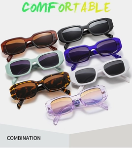Detailed grid showing seven trendy thick frame rectangle sunglasses in various colorways