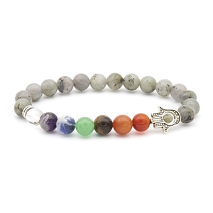 Detail of grey stone beaded bracelet with seven chakra beads and silver Hamsa Hand charm