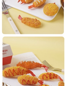 Macro detail of fried tempura shrimp model showing realistic breadcrumb texture and sauce