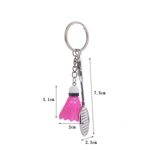 Pink badminton birdie and silver racket sports keychain for bags and car keys
