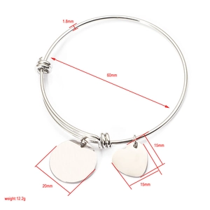 Adjustable stainless steel bracelet with 20mm round and 15mm heart charms for engraving
