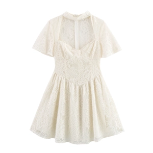 Women Lace Mini Dress Elegant Short Sleeve Square Neck High Waist A-Line Solid White Sexy Party