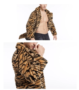Detailed front and side view of men's tiger print faux fur coat with lapel and long sleeves