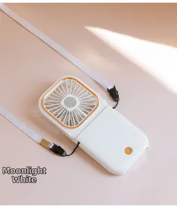 Close-up of Moon White portable neck fan with gold trim and power button detail
