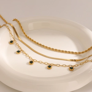Three-layer 18K gold plated stainless steel necklace with green zircon disc pendants