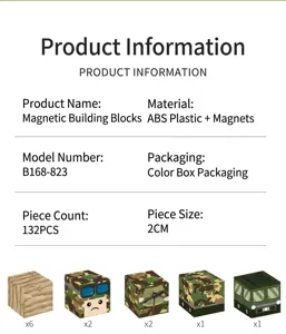 Detail of 132-piece magnetic block set with camouflage patterns and 2cm ABS plastic cubes
