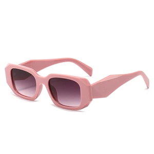 Modern pink square frame sunglasses with thick temples and purple gradient lenses