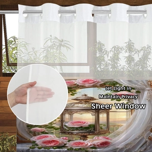 Sheer white floral curtain with pink roses and metal grommets for privacy and light filtering