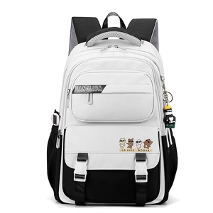 Minimalist black and white high-capacity college backpack with cute cartoon pendant decoration