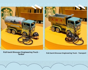 Detail view of pull-back dinosaur fuel tanker and dump truck keychain with metal bell