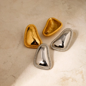 Polished 18k gold and silver stainless steel triangular stud earrings with textured edges