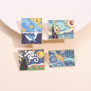 Set of 4 geometric enamel pins featuring Van Gogh starry night style with whale and avocado