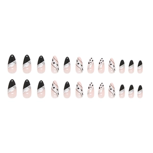 24pcs almond fake nails with black zebra pattern and silver glitter ribbon design
