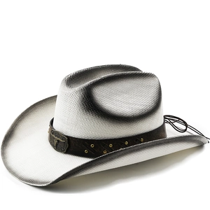 Western Cowboy Straw Hat Wide Brim Sun Protection Paper Weave With Bull Head Buckle Rivet Leather Band For Outdoor Travel