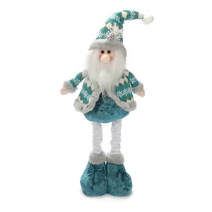 Detail of Christmas plush figurine with blue and grey knit texture and retractable legs