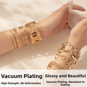Detail of diverse gold hollowed bangles and chain bracelets set with high gloss finish