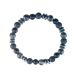 8mm beaded bracelet featuring black tiger eye, lava rock, and white turquoise beads