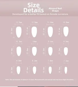 Size chart for almond press-on nails showing 12 sizes from 7.3mm to 13.9mm width