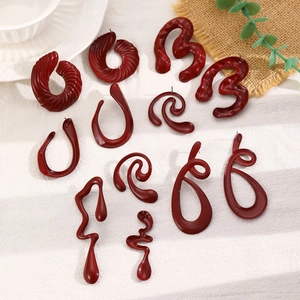 Vintage burgundy geometric hoop earrings with modern abstract resin design for women