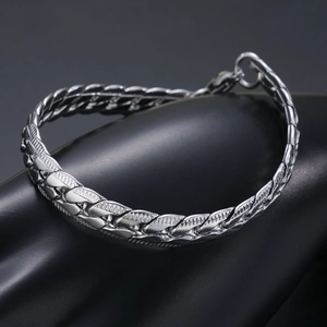 Men's silver titanium steel Cuban link bracelet with 6-side polished woven metal texture