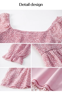 Detail design of pink floral dress featuring square neck, S-size tag and fabric textures