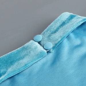 Détail d'une robe en velours à col montant montrant le tissu bleu ciel et les boutons