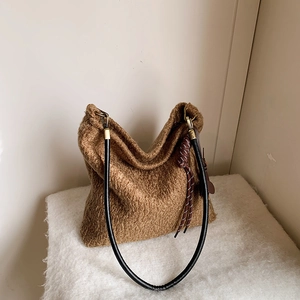 Women Plush Woolen Hobo Shoulder Bag Large Capacity Fashion Commuting Tote With Dog Pendant Accessory