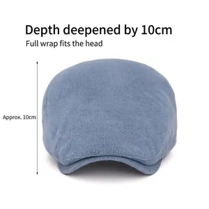 Light blue corduroy newsboy cap with 10cm deep fit design for full head coverage