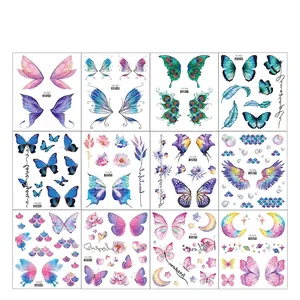 Temporary glitter butterfly tattoo stickers set with pink, purple and blue gradient designs