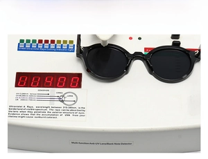 Detailed UV400 protection testing of vintage polygon sunglasses showing UV filter capability