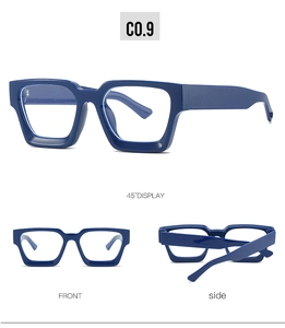 Multi-angle view of navy blue square frame glasses showing front and side profile