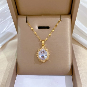 Elegant Oval Zircon Pendant Necklace Stainless Steel Chain Copper Micro Inlaid Crystal Women Banquet Jewelry