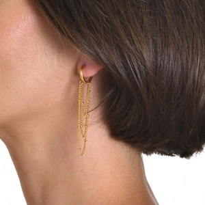 Detail of gold-plated hoop earrings with multi-chain bead tassels on a model