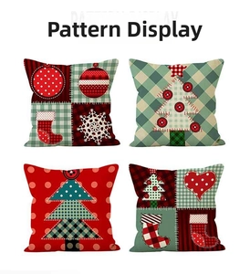 Detail of four Christmas pillow covers with festive tree, plaid, and heart patterns