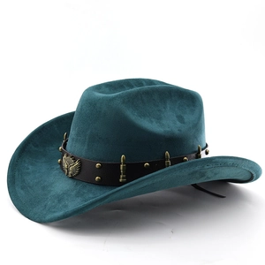 Cappello da cowboy in finta pelle scamosciata blu scuro con fascia in cuoio e aquila