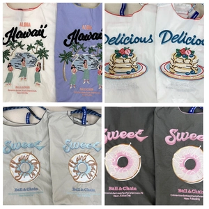 Collage of four embroidered nylon tote bags in white, purple, blue, and grey colors