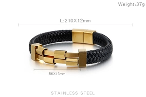 Detail view of woven black leather bracelet with gold magnetic clasp and sizing specs