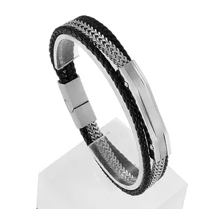 Men Bracelet Multi Layer Braided Leather Stainless Steel Chain Punk Rock Retro Style Wristband Jewelry