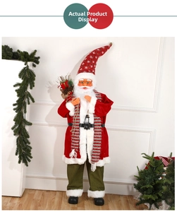 Detailed view of a standing Santa Claus figurine with red velvet suit and green scarf