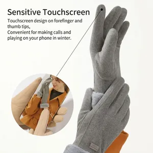 Winter thermal grey gloves for women with touch screen fingers and faux fur wrist trim