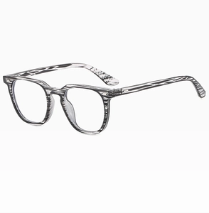 Close-up of black and white ink texture square eyeglass frames with streamlined temples