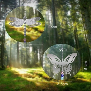 Dragonfly and butterfly crystal suncatchers shown with size dimensions in a forest setting
