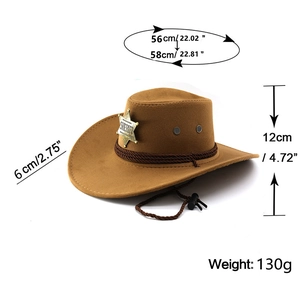 Detailed side view of brown wool fedora with woven rope band and gold sheriff badge