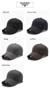 Detail view of cotton baseball caps in black, navy, gray, coffee and dark gray tones