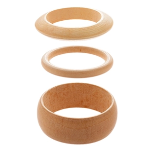 Set of three vintage wooden geometric open bangles with natural grain in various widths