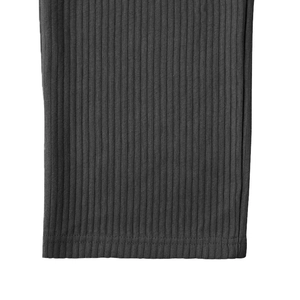 Detailed view of dark grey striped knit fabric texture and hem stitching on men's trousers